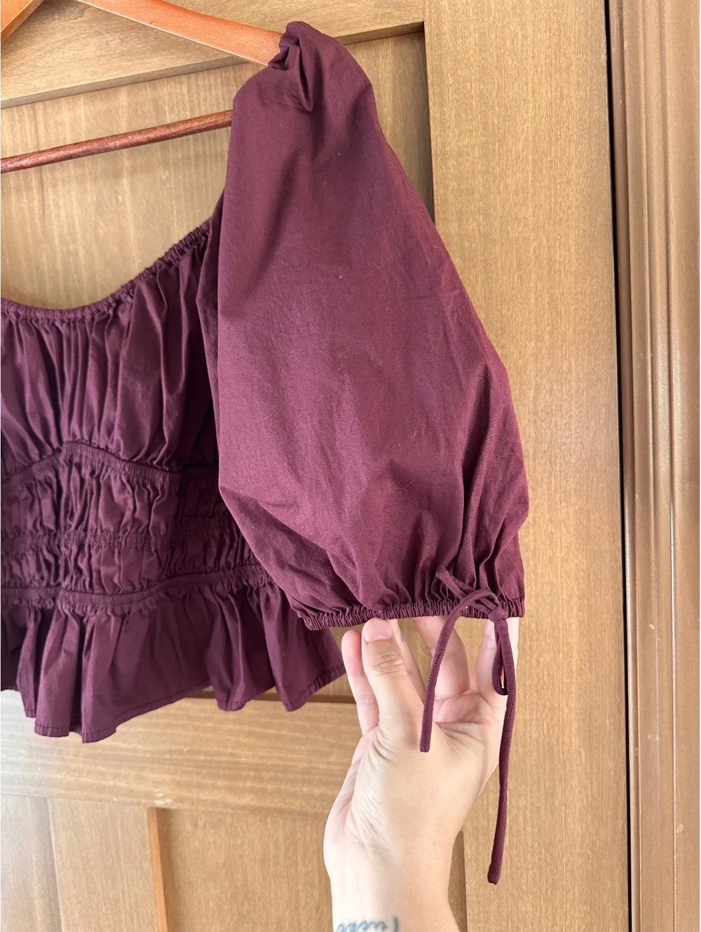 STAUD Faye Gathered Puff-Sleeve Crop Top Cotton in Plum Women’s size XL